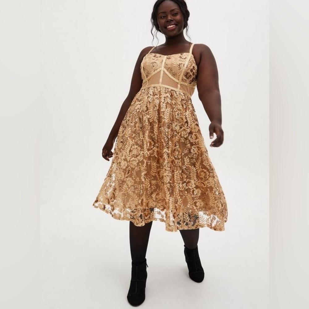 Torrid Gold Mesh Embroidery & Sequin Midi Dress Size 24